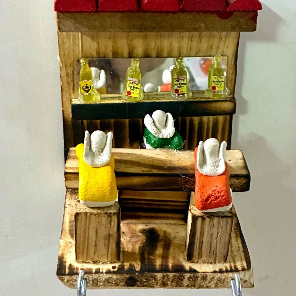 Rustic Mini Bar Wall Keyholder Decor with Yellow, Orange & Green Figures